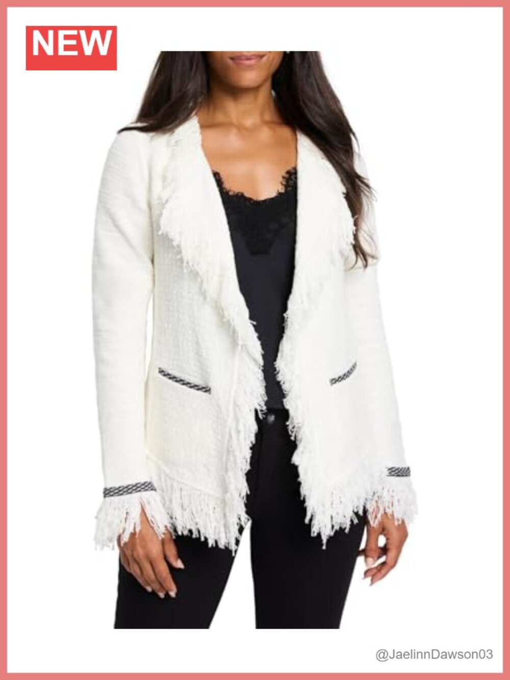 Open Front Fringe Knit Blazer Jacket Woven Front Notch Collar